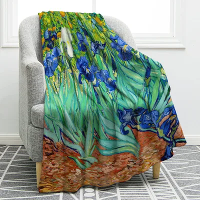Irises Blue Purple Floral Blanket: Van Gogh Style Art Print