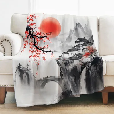 Cherry Blossom Mountain Ink Blanket: Serene Asian Landscape Art