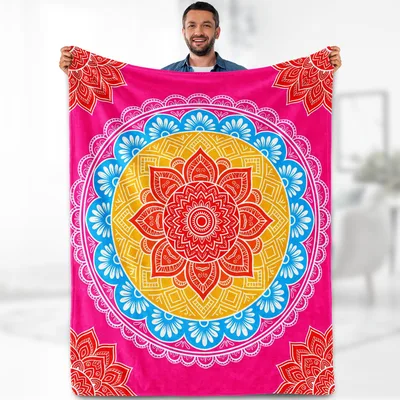 Boho Mandala Pattern Blanket: Vibrant Pink and Blue Geometric Design