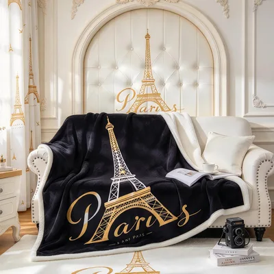 Paris Golden Eiffel Tower Blanket: Elegant Black and Gold Design