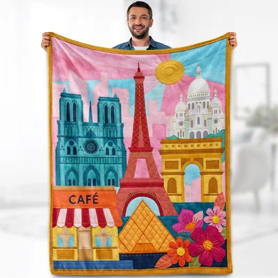 Paris Landmarks Cafe Art Blanket: Quilted Iconic Skyline Design