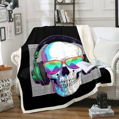 Skull with Headphones Blanket: Neon Skull Art for Music Lovers