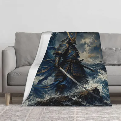Samurai on Rocks Stormy Blanket: Warrior Art for Your Space