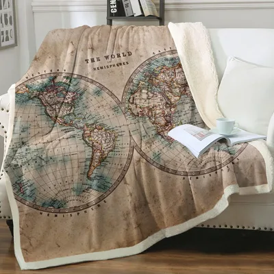 Vintage Old World Map Blanket featuring a retro hemispheres chart
