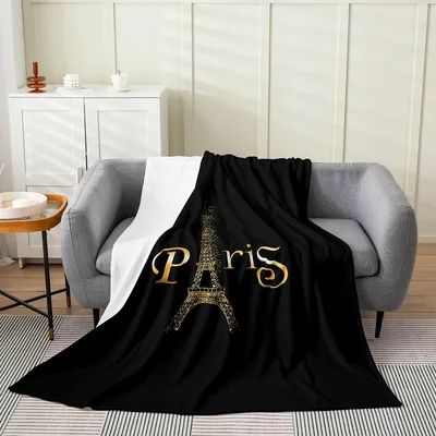 Golden Eiffel Tower Paris Blanket: Elegant Gold Lettering Design