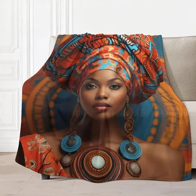 African Woman Portrait Headwrap Blanket Celebrating Bold Patterns
