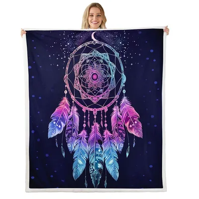 Colorful Dreamcatcher Design Blanket: Cosmic Feathers and Moon Art