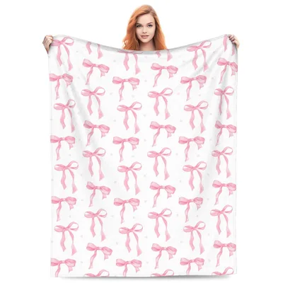 Pink Ribbon Bow Pattern Blanket: Watercolor Bows on White