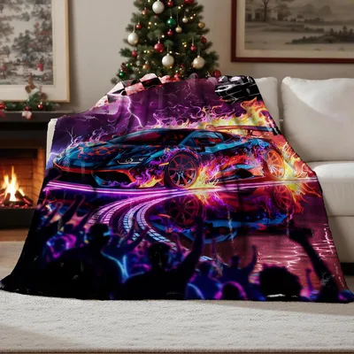 Neon Light Trails Abstract Blanket: Racing Car with Neon Trails