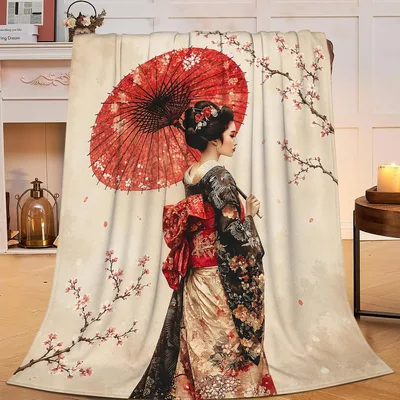 Geisha with Red Umbrella Blanket: Traditional Art and Cherry Blossoms