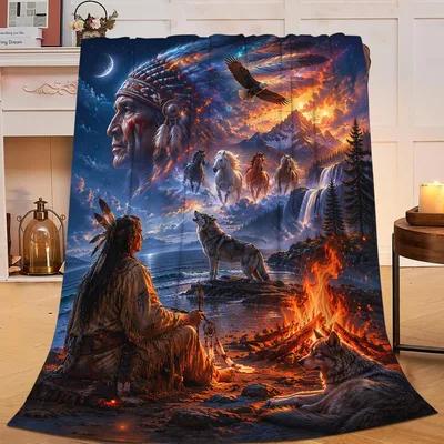 Native American with Wolves Blanket featuring a spiritual landscape