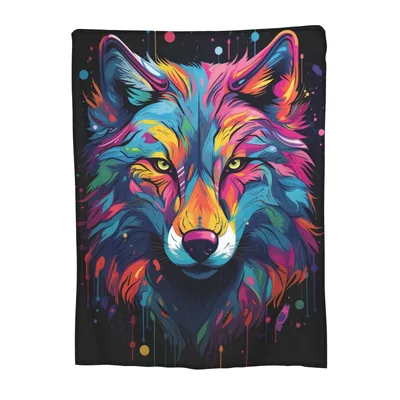 Colorful Wolf Head Art Blanket: Vibrant Neon Wolf Print