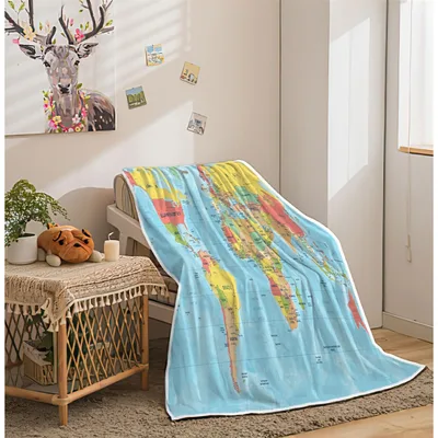 Blue World Map Print Blanket featuring colorful vintage topography