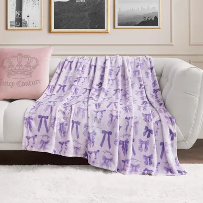 Purple Bows Pattern Blanket with Juicy Script and Ribbon Motif