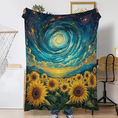 Swirling Sky Sunflowers Painting Blanket: Cosmic Field Art