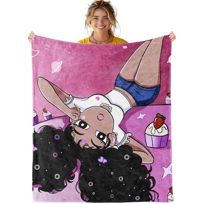 Cartoon Girl with Cupcake Blanket: Whimsical Space Theme for Kids