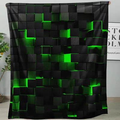 Green Glowing Geometric Blocks Blanket: Neon Cube Art Design