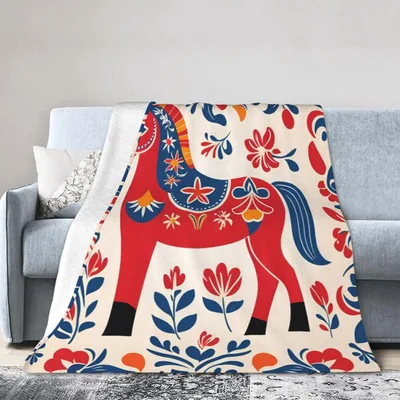 Colorful Dala Horse Folk Blanket: Traditional Red Horse and Floral Art