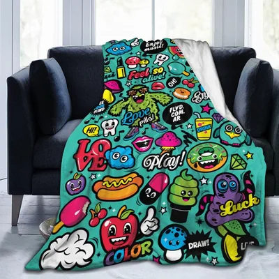 Pop Art Doodle Stickers Blanket featuring colorful cartoon monsters