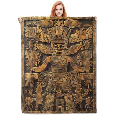 Ancient Mayan Tribal God Blanket featuring a detailed deity carving