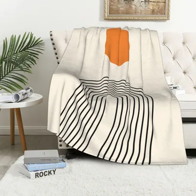 Abstract Mid Century Sun Blanket: Wavy Lines and Orange Shape