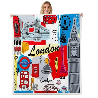 London City Scenes Blanket featuring retro illustrations of Big Ben