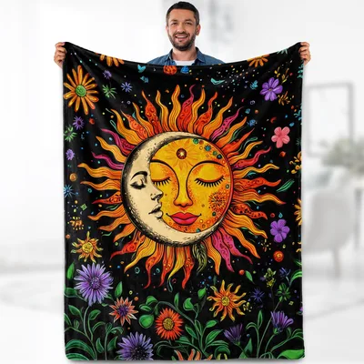 Sun and Moon Hippie Blanket: Bohemian Sun Face Art Print