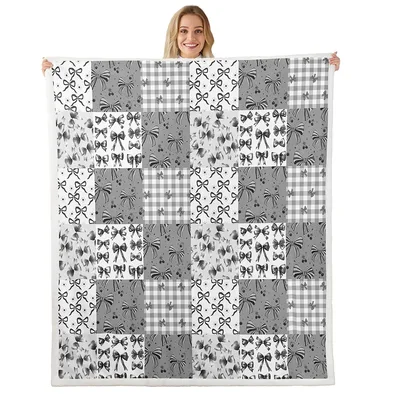 Grey Bow Plaid Patchwork Blanket: A Quilt of Bows and Checks