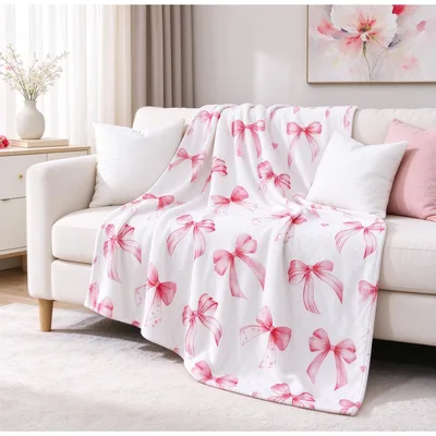 Pink Bow Pattern Blanket: Watercolor Ribbon Design for Cozy Spaces