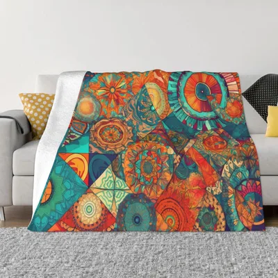 Colorful Mandala Patchwork Pattern Blanket for Boho Home Decor