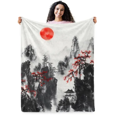 Red Sun Over Ink Blanket: Asian Landscape Art Print