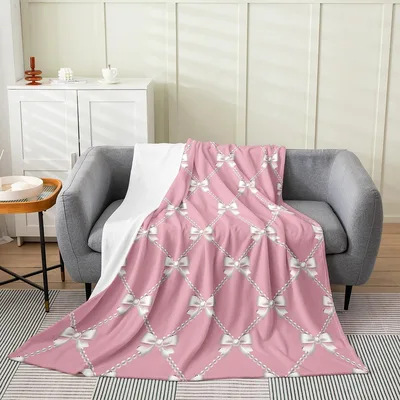 Pink Bow Pattern Blanket No. 12: Elegant White Bows and Pearls