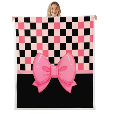 Pink Bow Checkerboard Blanket: Geometric Grids and a Giant Glossy Bow