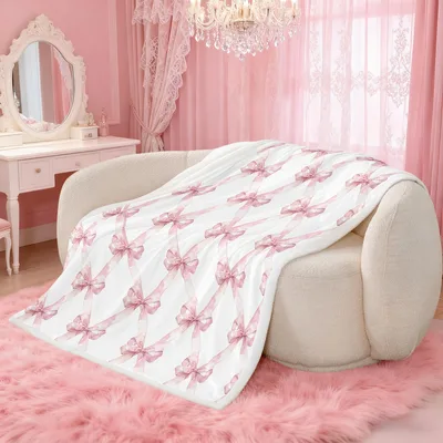 Pink Bowknot Pattern Blanket: Watercolor Ribbon Grid Design for Girls