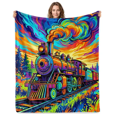 Colorful Psychedelic Steam Train Blanket: A vibrant