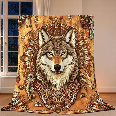 Wolf with Feather Headdress Blanket: Tribal Wolf Art Print