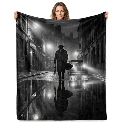 Noir Detective Rainy Street Blanket: Vintage Mystery Scene