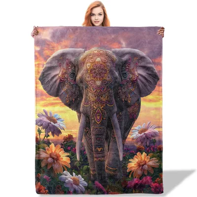 Mandala Elephant Sunset Flowers Blanket: Boho Art Print for Home