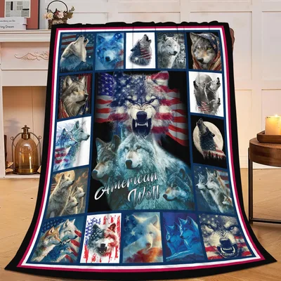 American Wolf Photo Collage Blanket: Wild American Flag Art Design