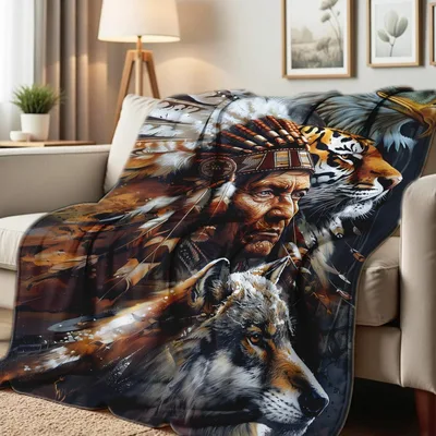Native Chief with Wolf Blanket: Tribal Art featuring Eagle and Tiger