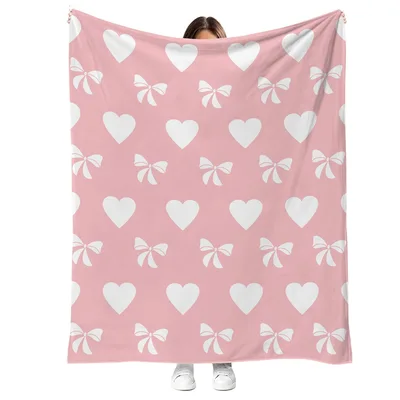 White Hearts and Bows Blanket: Pink Pattern with White Shapes