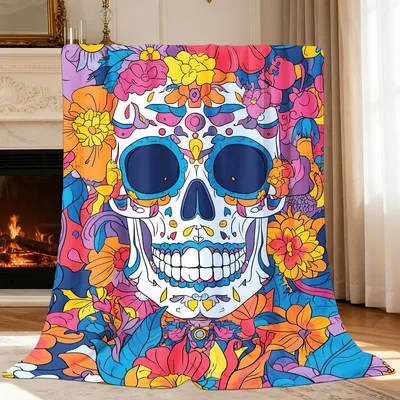Colorful Sugar Skull Flowers Blanket: Vibrant Art Print for Home