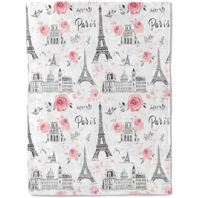 Paris Eiffel Tower Floral Blanket featuring pink roses