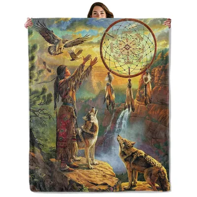 Wolves and Dreamcatcher Art Blanket: Spiritual Nature Scene