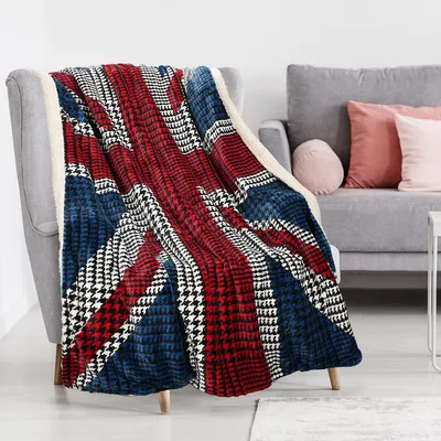 Union Jack Flag Over Blanket: Houndstooth Patterned Throw