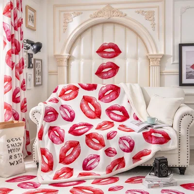 Red Lips Kiss Pattern Blanket: Bold Red Lipstick Prints on White