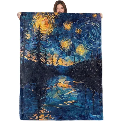 Starry Night Sky Over Blanket: Swirling Forest and River Art Print