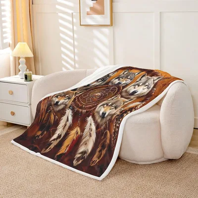 Wolf Dreamcatcher Indian Art Blanket: Fuzzy Throw with Wolf Heads