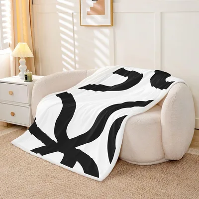 Black and White Abstract Blanket featuring bold black brushstrokes
