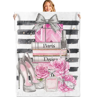 Paris Glam Fashion Design Blanket: Chic Heels and Flowers Print